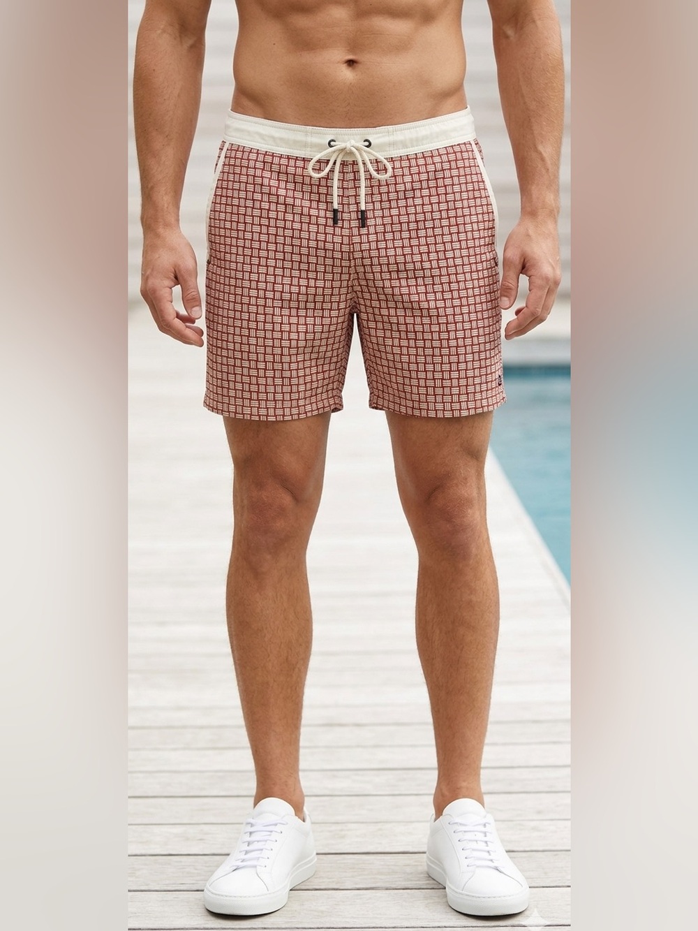Men's Mr. Swim Red Patterned Swim Trunks with Contrast Waistband